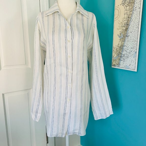SHAMASK Long Tunic Top LINEN BOXY Stripe Collar Neck (size L) - Picture 4 of 11